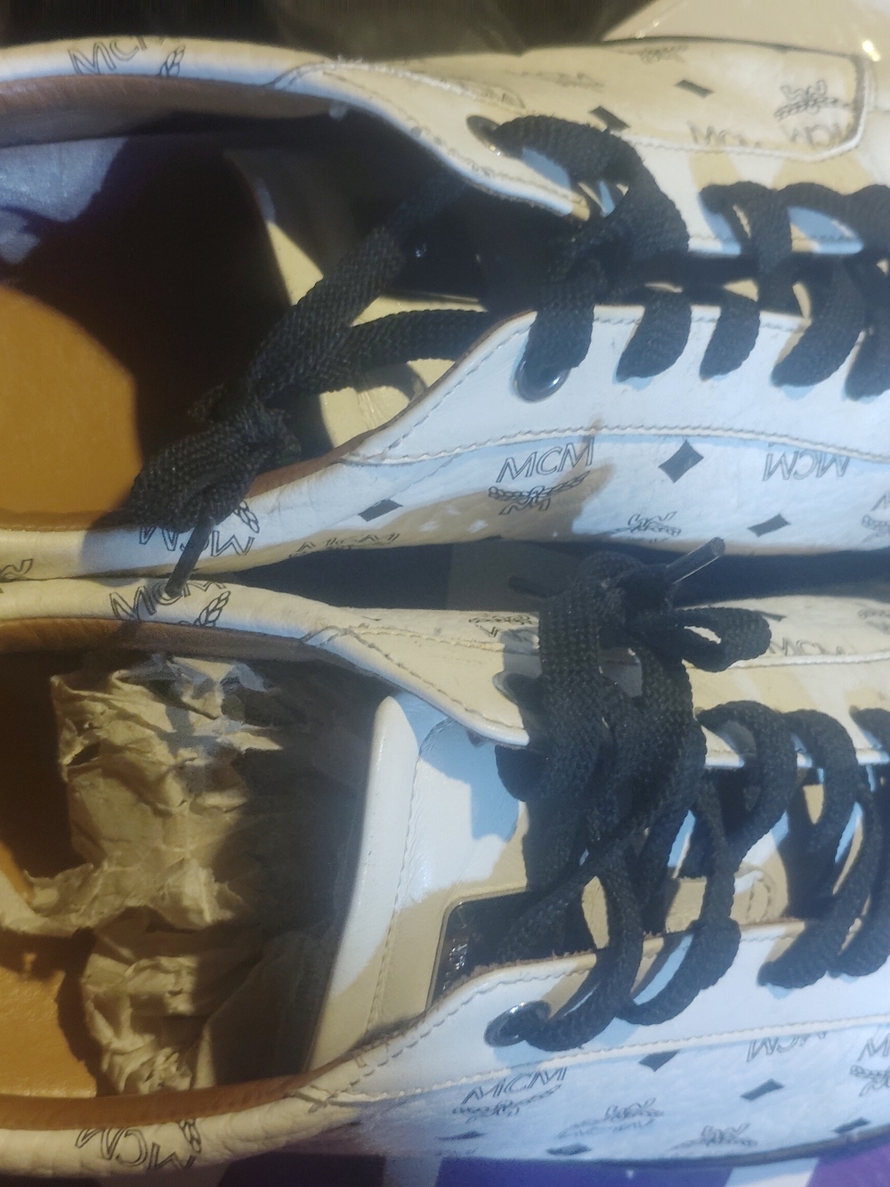 MCM White Logo Print Leather Sneakers with Black Laces
